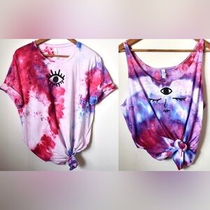 Lot of 2 Boho Tie Dye Tank & Tee Colorful Block Print Pink Purple Third Eye L